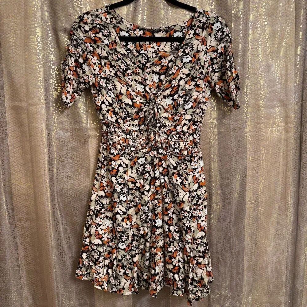 Free People Forget Me Not Low Cut Mini Dress Black Multi Floral Spring Small